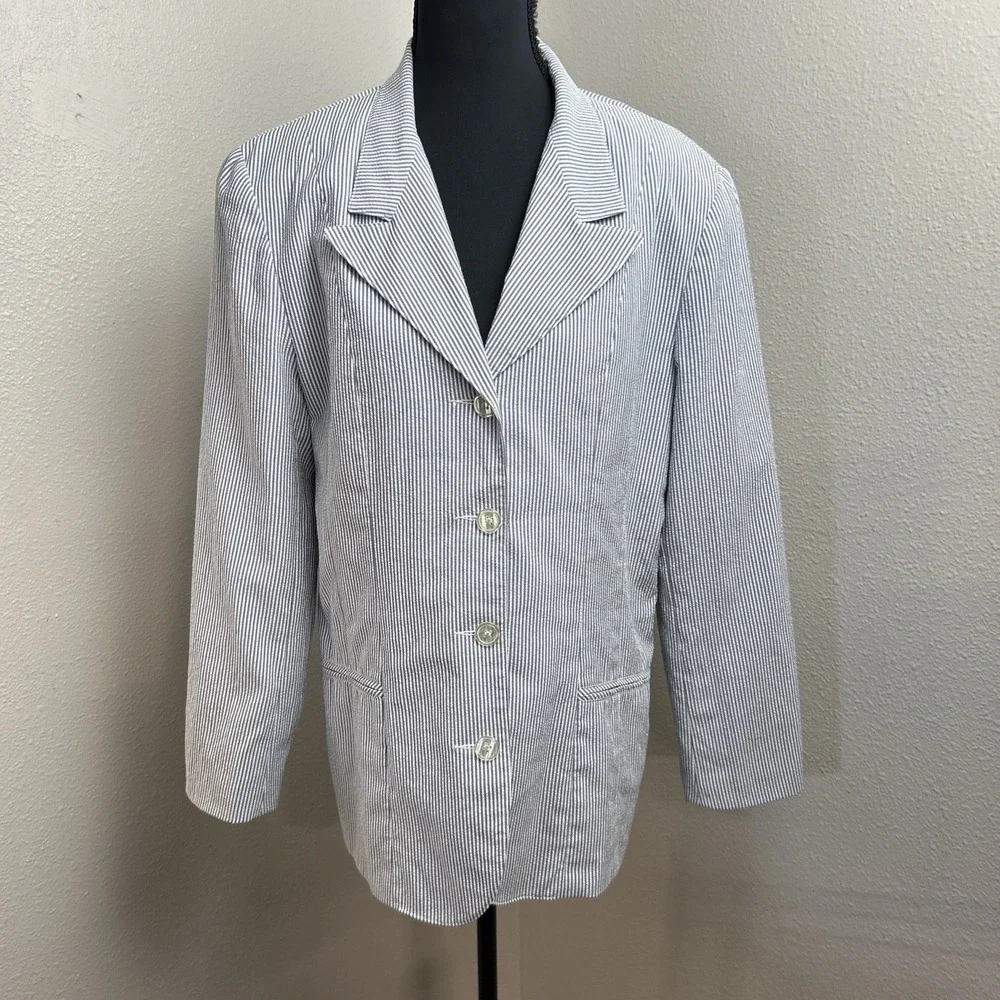 Vtg Liz Claiborne Sport‎ Seersucker Blazer Women's 8 Blue White Striped Nautical